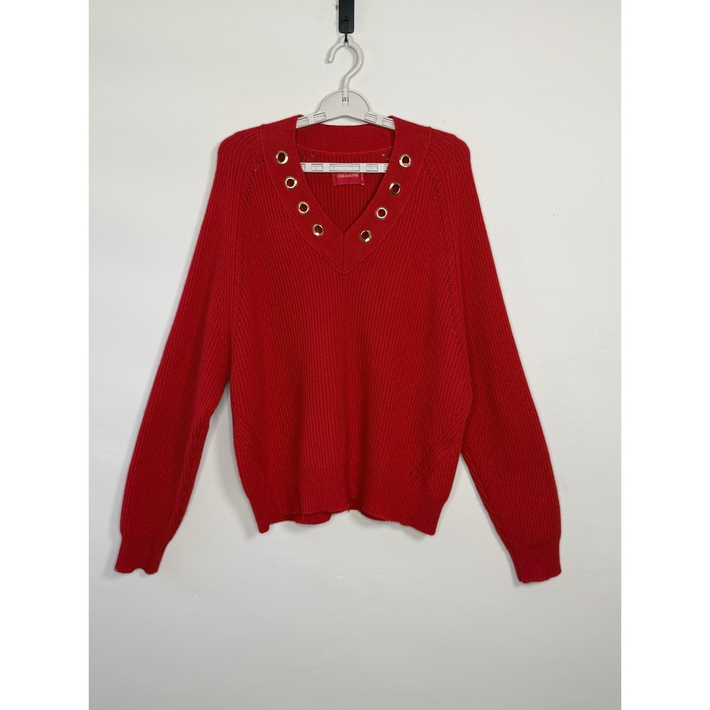 Zadig & Voltaire Kassy LC Sweater Womens M Red Wool Cashmere V Neck Grommet Rib
